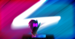 Size: 6560x3400 | Tagged: safe, artist:toxinagraphica, imported from derpibooru, dj pon-3, vinyl scratch, pony, unicorn, absurd resolution, concert, desk, disc jockey, female, glow, glowing eyes, lightning, mare, minimalist, modern art, solo, vinyl scratch's glasses, wallpaper