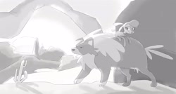 Size: 4096x2198 | Tagged: safe, artist:ktubosi83, imported from derpibooru, dog, sheep, them's fightin' herds, bell, big momma, black and white, cactus, carrying, collar, community related, grayscale, monochrome, pom (tfh), sunset prairie