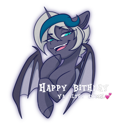 Size: 1243x1282 | Tagged: safe, artist:wicked-red-art, imported from derpibooru, oc, oc only, oc:elizabat stormfeather, alicorn, bat pony, bat pony alicorn, pony, alicorn oc, bat pony oc, bat wings, bedroom eyes, birthday, birthday gift, fangs, female, heart, horn, mare, misspelling, open mouth, raised hoof, simple background, solo, transparent background, wings