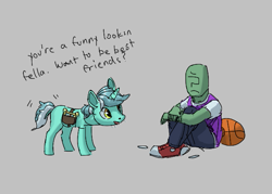 Size: 619x443 | Tagged: safe, artist:rhorse, lyra heartstrings, oc, oc:anon, pony, unicorn, aggie.io, bag, basketball, dialogue, female, frown, mare, open mouth, sad, saddle bag, simple background, sitting, smiling, sports, talking, whiskers