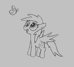 Size: 266x240 | Tagged: safe, derpy hooves, butterfly, pegasus, pony, aggie.io, flying, lowres, monochrome, open mouth, simple background, smiling, spread wings, wings