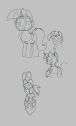 Size: 402x668 | Tagged: safe, artist:firecracker, lyra heartstrings, pony, unicorn, aggie.io, butt, drawpile, female, looking at you, looking back, mare, monochrome, on back, plot, simple background, sketch, smiling, tail aside