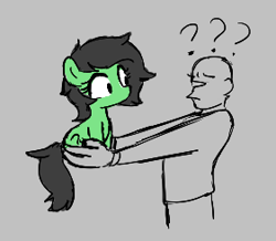 Size: 281x245 | Tagged: safe, artist:kabayo, oc, oc:anon, oc:filly anon, earth pony, human, pony, aggie.io, clothes, confused, eyebrows, female, filly, gray background, holding a pony, looking at each other, lowres, question mark, simple background, sitting, standing, suit