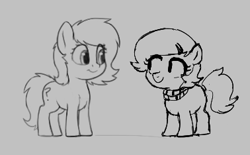 Size: 378x234 | Tagged: safe, artist:kabayo, artist:smoldix, oc, oc only, oc:filly anon, earth pony, pony, aggie.io, female, filly, lowres, mare, monochrome, simple background, smiling