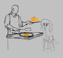 Size: 568x525 | Tagged: safe, artist:kabayo, artist:smoldix, oc, oc:anon, oc:filly anon, earth pony, pony, aggie.io, cooking, female, filly, food, mare, monochrome, pan, pancakes, simple background, sitting, smiling, spatula, stool, stove