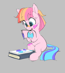 Size: 433x481 | Tagged: safe, artist:hattsy, toola roola, pony, aggie.io, blushing, book, female, filly, heart, hoof painting, mare, open mouth, paint, paper, simple background, sitting, smiling