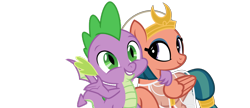 Size: 1006x435 | Tagged: safe, artist:silverswirls15, artist:sketchmcreations, edit, editor:undeadponysoldier, imported from ponybooru, vector edit, somnambula, spike, dragon, pegasus, pony, daring done?, sweet and smoky, crown, cute, female, hug, jewelry, makeup, male, mare, regalia, shipping, side hug, simple background, somnambetes, spikabetes, spikelove, spinambula, straight, transparent background, vector, winged spike