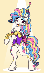 Size: 900x1500 | Tagged: safe, artist:mechanakal, imported from derpibooru, oc, oc only, oc:wishful, earth pony, pony, bow, chest fluff, clothes, curly mane, earth pony oc, eyebrows, eyebrows visible through hair, eyeshadow, fluffy, hat, hooves up, looking sideways, makeup, party hat, smiling, solo, standing on two hooves, unshorn fetlocks, vest