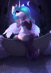 Size: 2764x3960 | Tagged: safe, artist:magnaluna, imported from derpibooru, princess celestia, alicorn, pony, semi-anthro, belly button, clothes, crescent moon, crown, gloves, hair over one eye, hoof shoes, jewelry, looking up, moon, regalia, sitting, socks, stockings, thigh highs