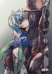 Size: 1920x2711 | Tagged: safe, artist:dodo, imported from derpibooru, oc, oc only, changeling, unicorn, armor, changeling oc, power armor, solo