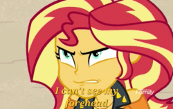 Size: 565x358 | Tagged: safe, edit, imported from derpibooru, screencap, sunset shimmer, equestria girls, equestria girls series, forgotten friendship, angry, angry eyes, animated, beach, clothes, discovery family, discovery family logo, female, i can't see my forehead, jacket, logo, patty hype, spongebob squarepants, text edit