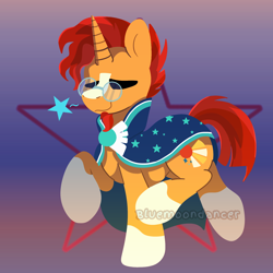 Size: 1640x1639 | Tagged: safe, artist:bluemoon, imported from derpibooru, sunburst, pony, unicorn, cloak, clothes, coat markings, cute, eyes closed, facial hair, glasses, goatee, lineless, male, raised leg, smiling, socks (coat markings), solo, stallion, sunbetes, sunburst's cloak