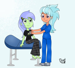 Size: 2144x1952 | Tagged: safe, artist:bageloftime, imported from derpibooru, frosty orange, key lime, equestria girls, barefoot, checkup, clothes, commission, equestria girls-ified, exam table, feet, nurse, pajamas, scrubs (gear), stethoscope