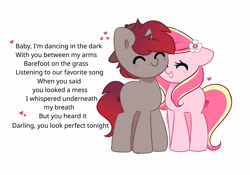 Size: 4096x2865 | Tagged: safe, artist:kittyrosie, imported from derpibooru, oc, oc:rosa flame, pony, unicorn, backwards ballcap, baseball cap, cap, cute, duo, ed sheeran, eyes closed, flower, flower in hair, hat, horn, oc x oc, ocbetes, shipping, simple background, song reference, unicorn oc, white background