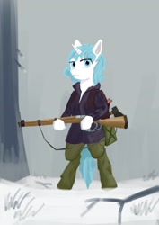 Size: 2480x3508 | Tagged: safe, artist:cunben_mapleleaf, imported from derpibooru, oc, oc only, oc:edelweiss, alicorn, pony, semi-anthro, clothes, digital art, gun, horn, looking at you, rifle, weapon, winter