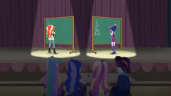 Size: 3410x1920 | Tagged: safe, imported from derpibooru, screencap, princess cadance, princess celestia, princess luna, principal abacus cinch, sci-twi, sunset shimmer, twilight sparkle, human, acadeca, equestria girls, friendship games, boots, chalkboard, clothes, dean cadance, female, glasses, high heel boots, high res, jacket, leather, leather jacket, principal celestia, shoes, vice principal luna