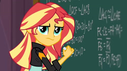 Size: 3410x1920 | Tagged: safe, imported from derpibooru, screencap, sunset shimmer, acadeca, equestria girls, friendship games, chalkboard, clothes, female, high res, jacket, leather, leather jacket, solo