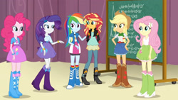 Size: 3410x1920 | Tagged: safe, imported from derpibooru, screencap, applejack, fluttershy, pinkie pie, rainbow dash, rarity, sunset shimmer, equestria girls, friendship games, applejack's hat, belt, boots, bracelet, chalkboard, clothes, cowboy hat, cutie mark on clothes, denim skirt, female, hairpin, hat, high heel boots, high res, humane five, jacket, jewelry, leather, leather jacket, shoes, skirt, sleeveless, smiling, tanktop