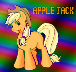 Size: 960x908 | Tagged: safe, artist:sephirothisshot23234, imported from derpibooru, applejack, earth pony, pony, gradient background, looking at you, rainbow background, smiling, solo, standing