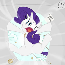 Size: 600x600 | Tagged: safe, artist:thegalen, imported from derpibooru, rarity, pony, unicorn, cloud, exclamation point, female, food, mare, muffin, open mouth, plane, scared, screaming, shrunken pupils, solo