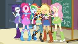 Size: 3410x1920 | Tagged: safe, imported from derpibooru, screencap, applejack, fluttershy, pinkie pie, rainbow dash, rarity, sunset shimmer, equestria girls, friendship games, ^^, applejack's hat, bare shoulders, boots, bracelet, chalkboard, clothes, cowboy hat, cutie mark on clothes, denim skirt, eyes closed, female, hairpin, hat, high heel boots, high res, humane five, jacket, jewelry, leather, leather jacket, nose in the air, open mouth, open smile, shoes, skirt, sleeveless, smiling, tanktop, uvula, volumetric mouth
