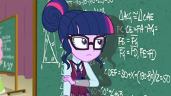 Size: 3410x1920 | Tagged: safe, imported from derpibooru, screencap, fluttershy, sci-twi, twilight sparkle, equestria girls, friendship games, chalkboard, female, glasses, high res, magic capture device, solo focus