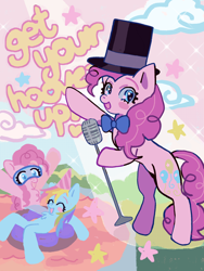 Size: 1668x2224 | Tagged: safe, artist:cupidmotel, imported from derpibooru, pinkie pie, rainbow dash, earth pony, pegasus, pony, pinkie pride, bipedal, blush sticker, blushing, bowtie, goggles, hat, inner tube, make a wish, microphone, open mouth, open smile, party hat, smiling, spotlight, swim mask, top hat, water