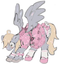 Size: 954x1023 | Tagged: safe, artist:cupidmotel, imported from derpibooru, derpy hooves, pegasus, pony, blushing, clothes, dress, simple background, socks, solo, spread wings, white background, wings