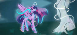 Size: 1280x596 | Tagged: safe, artist:wifflethecatboi, imported from derpibooru, tree of harmony, twilight sparkle, alicorn, pony, the last problem, immortality blues, long legs, long mane, long tail, magic, older, older twilight, princess twilight 2.0, slim, solo, souls, tail, twilight sparkle (alicorn)