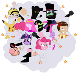 Size: 2956x2812 | Tagged: safe, artist:nathaniel718, imported from derpibooru, pinkie pie, twilight sparkle, alicorn, pikachu, adventure time, ball of violence, billy (billy and mandy), black hat (villainous), cartoon network, codename kids next door, crossover, dust cloud, father (knd), female, fight, giovanni, male, mandy, nergal, nergal and princess bubblegum, pokémon, princess bubblegum, punch, the grim adventures of billy and mandy, twilight sparkle (alicorn), villainous