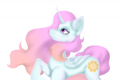 Size: 1280x839 | Tagged: safe, artist:wifflethecatboi, imported from derpibooru, princess celestia, alicorn, pony, cutie mark, flowing mane, flowing tail, lineless, pink eyes, pink-mane celestia, simple background, solo, tail, white background