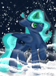 Size: 1280x1707 | Tagged: safe, artist:wifflethecatboi, imported from derpibooru, oc, oc:moonie hearts (old), alicorn, pony, blue hair, blue mane, blue tail, cloud, flowing mane, green eyes, signature, solo, tail