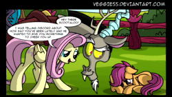 Size: 1280x720 | Tagged: safe, artist:veggie55, artist:wubcakeva, imported from derpibooru, discord, fluttershy, scootaloo, bear, draconequus, pegasus, pony, animated, comic, comic dub, female, filly, foal, male, mare, plushie, sound, teddy bear, voice acting, webm