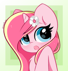 Size: 4144x4328 | Tagged: safe, alternate version, artist:kittyrosie, imported from derpibooru, oc, oc only, oc:rosa flame, pony, unicorn, :o, abstract background, blue eyes, bust, chest fluff, flower, flower in hair, heart eyes, open mouth, solo, wingding eyes