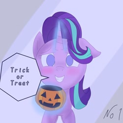 Size: 1575x1575 | Tagged: safe, artist:zeon_starlight, imported from derpibooru, starlight glimmer, pony, unicorn, blushing, female, glowing, glowing horn, grin, halloween, holiday, horn, looking at you, magic, magic aura, mare, pumpkin bucket, smiling, smiling at you, solo, speech bubble, talking, talking to viewer, telekinesis, trick or treat