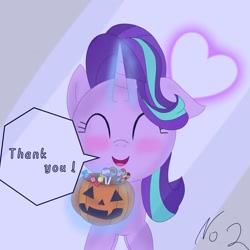 Size: 1575x1575 | Tagged: safe, artist:zeon_starlight, imported from derpibooru, starlight glimmer, pony, unicorn, blushing, candy, eyes closed, female, food, glowing, glowing horn, halloween, heart, holiday, horn, magic, magic aura, mare, open mouth, open smile, pumpkin bucket, smiling, solo, speech bubble, talking, talking to viewer, telekinesis, thank you, trick or treat
