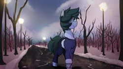 Size: 1920x1080 | Tagged: safe, artist:triplesevens, imported from derpibooru, oc, oc only, oc:pencil pusher, pony, outdoors, snow, solo, streetlight, tree, winter