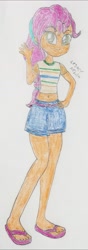 Size: 1378x3916 | Tagged: safe, artist:legacynebula, imported from derpibooru, sunny starscout, equestria girls, belly button, clothes, equestria girls-ified, feet, flip-flops, g5, g5 to equestria girls, midriff, rough sketch, sandals, shorts, sketch, solo, traditional art, waving at you