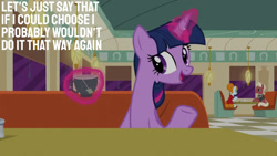 Size: 1280x720 | Tagged: safe, edit, edited screencap, editor:quoterific, imported from derpibooru, screencap, twilight sparkle, alicorn, earth pony, pony, season 6, the saddle row review, female, magic, male, mare, open mouth, open smile, smiling, solo focus, stallion, telekinesis, text, twilight sparkle (alicorn)