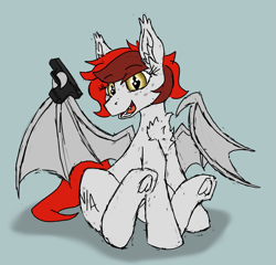 Size: 1791x1719 | Tagged: safe, artist:reddthebat, imported from derpibooru, oc, oc only, oc:reddthebat, bat pony, pony, bat pony oc, bat wings, chest fluff, eyebrows, eyebrows visible through hair, female, freckles, glock, gray background, gun, open mouth, open smile, pistol, shadow, simple background, smiling, solo, spread wings, weapon, wings