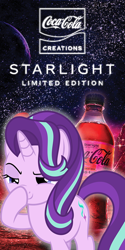 Size: 300x600 | Tagged: safe, imported from derpibooru, starlight glimmer, pony, unicorn, no second prances, season 6, advertisement, boop, caption, coca-cola, drink, female, glimmerposting, image macro, mare, meme, namesake, pun, raised eyebrow, self-boop, shitposting, smiling, smirk, soda, solo, space, starlight coca-cola, stars, text, visual pun