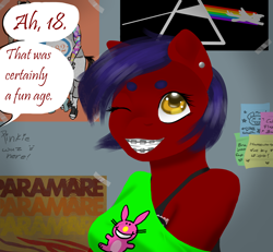 Size: 1300x1200 | Tagged: safe, alternate version, artist:horsesrnaked, imported from derpibooru, oc, oc:fluffycuffs, anthro, earth pony, barely legal, bra, bra strap, clothes, colorful, dialogue, dialogue edit, ear piercing, earring, eyebrows, flashback, graffiti, it's happy bunny, jewelry, off shoulder shirt, one eye closed, piercing, pink floyd, poster, poster parody, scene kid, solo, speech bubble, sticky note, tape, text, underwear, wink