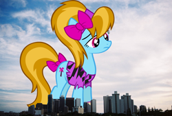 Size: 1818x1228 | Tagged: safe, artist:thegiantponyfan, artist:tsabak, imported from derpibooru, turf, earth pony, pony, bow, clothes, female, giant pony, giant/macro earth pony, giantess, hair bow, hawaii, highrise ponies, honolulu, irl, looking down, macro, mare, mega giant, photo, ponies in real life, standing, tail, tail bow