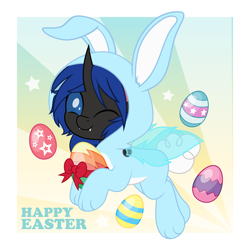 Size: 5000x5000 | Tagged: safe, artist:jhayarr23, imported from derpibooru, part of a set, oc, oc only, oc:swift dawn, changeling, animal costume, blue changeling, blue eyes, bow, bunny costume, changeling oc, clothes, commission, costume, cute, easter, easter egg, egg (food), fangs, floppy ears, fluffy tail, food, holiday, horn, looking at you, male, ocbetes, one eye closed, ribbon, simple background, smiling, solo, tail, text, wings, wink, winking at you, ych result