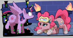Size: 1482x764 | Tagged: safe, artist:pabbley, imported from derpibooru, pinkie pie, twilight sparkle, alicorn, earth pony, pony, aggie.io, belt, crouching, dark magic, dungeon, duo, dusk till dawn, female, friday night funkin', goggles, magic, mare, open mouth, pibby, simple background, smiling, spread wings, twilight sparkle (alicorn), wings