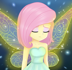 Size: 726x704 | Tagged: safe, artist:fluttershy_art.nurul, imported from derpibooru, fluttershy, fairy, equestria girls, alternate hairstyle, bare shoulders, beautiful, beautiful x, cute, eyes closed, eyeshadow, fairy wings, fairyized, female, glowing, glowing wings, makeup, pink hair, sad, shine, short hair, sleeveless, solo, sparkly wings, strapless, wings