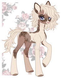 Size: 1024x1309 | Tagged: safe, artist:miioko, imported from derpibooru, oc, earth pony, pony, colored hooves, deviantart watermark, earth pony oc, flower, obtrusive watermark, raised hoof, simple background, watermark, white background