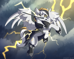 Size: 2448x1952 | Tagged: safe, artist:strafe blitz, imported from derpibooru, oc, oc:storm cloud river's, pegasus, pony, concave belly, female, heterochromia, lightning, mare, mouth hold, slim, solo, sword, thin, weapon