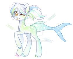 Size: 1024x829 | Tagged: safe, artist:miioko, imported from derpibooru, oc, oc only, original species, pony, shark, shark pony, :p, deviantart watermark, ear fluff, obtrusive watermark, one eye closed, raised hoof, simple background, solo, tongue out, watermark, white background, wink