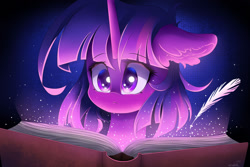 Size: 1280x854 | Tagged: safe, artist:natanvok, imported from derpibooru, twilight sparkle, pony, book, bust, colored pupils, ear fluff, feather, female, floppy ears, horn, mare, quill, solo, sparkles